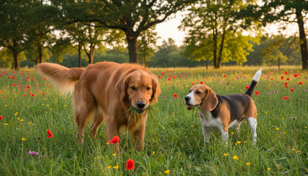 dogs eating grass